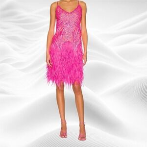 LE SUPERBE NEW Prohibition Dress Electric‎ Pink Sequin Small Feathers